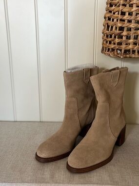 Vince Camuto Suede Mid-Calf Block Heel Boots - Tan/Zanilla